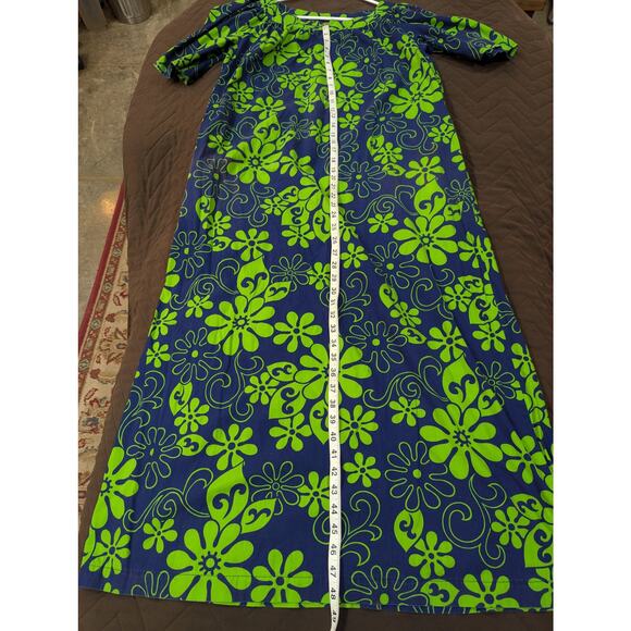 VINTAGE VIBRANT blue & green 1960s/70s handmade mumu house dress size approx L - Picture 6 of 7